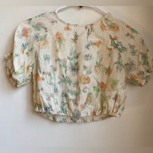ZARA BEIGE LINEN BLEND CUT OUT TIED FLORAL TOP girls  SIZE 10